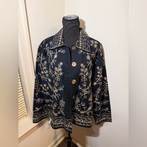 Embroidered Linen Jacket LIFE STYLE Leaves & Florals Button Front Black Sz M